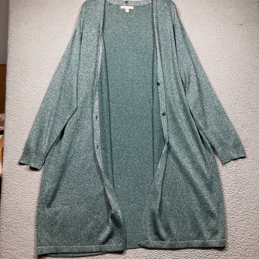 Woman Within Sweater Womens Plus 2X Aqua‎ Green Long Length Sparkle Cardigan